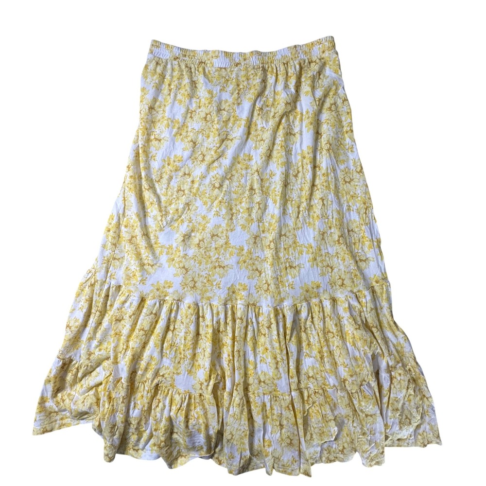 Garnet Hill Yellow Floral Tiered Maxi Skirt Boho Elastic Waist Womens Large